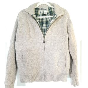 L.L. Bean Men's Light Beige Knit Zip-Up Shirt Jacket with Plaid Lining